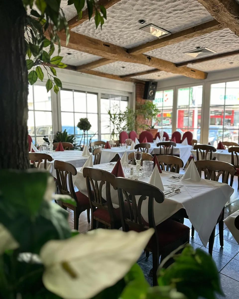 Blick durch grüne Pflanzen auf die gedeckten Tische im Wintergarten